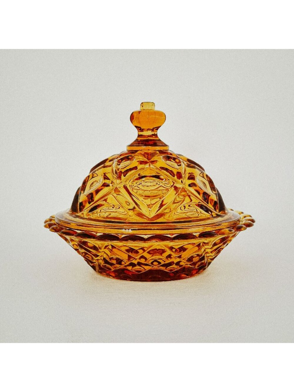 Viking Diamond Thumbprint Amber Round Covered Butter Dish, c.1970s, Fall Decor
